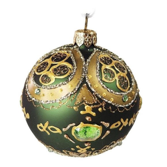 Hand Painted Green Gold Gem Glitter Christmas Tree Bulb Glass Ornament - Picture 1 of 7